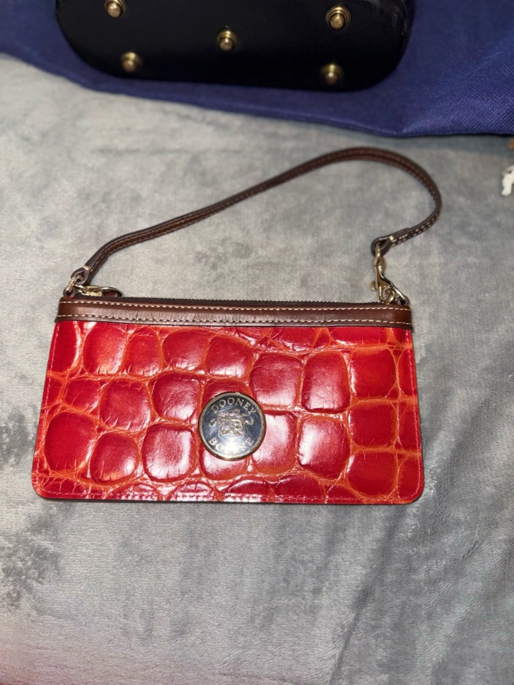 Dooney & Bourke Red Croc-Embossed Mini Wristlet with Brown Trim